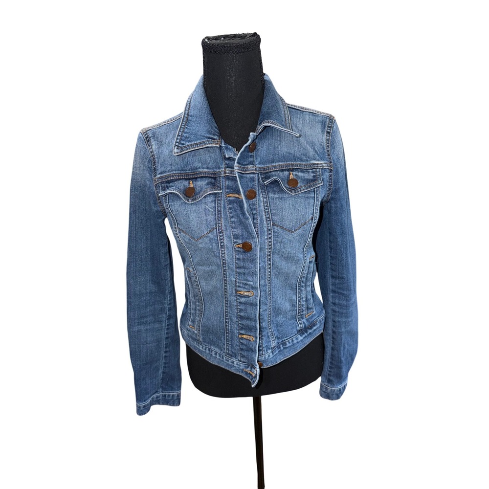 LOFT Womens Medium Wash Blue Denim Trucker Jacket Stretch Jean Jacket Size XS